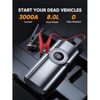Démarreur de batterie portable avec compresseur d'air 150 PSI, gonfleur de pneus de voiture avec arrêt automatique, lampe LED d'urgence