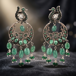Pendientes de Plata de Ley 92.5 Hechos a Mano, Elegantes y Étnicos, con Detalles en Oro y Verde, para Mujer, 6.35 cm, Venta al por Mayor NSJ-79/44140 - Product Image 3