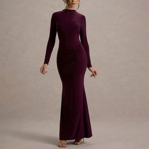 Robe longue plissée sirène à col montant ZYHT 75142, couleur bordeaux prune, à manches longues, en jersey, froncée, pour femme, collection printemps - Product Image 1