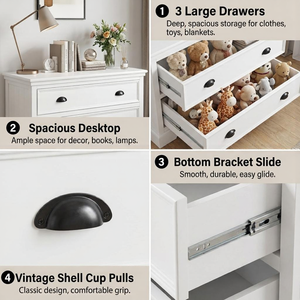 <span class=keywords><strong>Commode</strong></span> classique en bois blanc avec 3 grands tiroirs, coffre de rangement de style farmhouse pour chambre, entrée et chambre d'enfant - Product Image 2