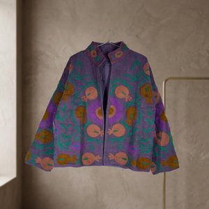 Purple TNT Fabric Suzani <b>Embroidered</b> <b>Jacket</b> <b>Women</b> Boho Pomegranate Motif Heavy Thread Work Short Open Front Winter Coat suzani - Product Image 1