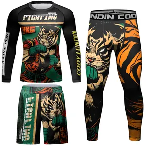 Conjunto de camisa e calças protetoras de erupção cutânea MMA para treinamento de boxe elástico de poliéster sem Gi masculino, roupa esportiva