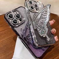 Pour iPhone 15 Pro QuickSand Butterfly Bracket Soft TPU Case avec Galvanoplastie Anti-Chute Feature Camera Protector pour iPhone 15