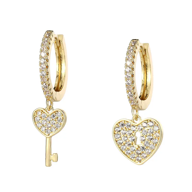 Wholesale Cubic Zircon Lock Key Charm Dangling Earrings Dainty Minimalist Simple Hoop Earrings Women Party Jewelry