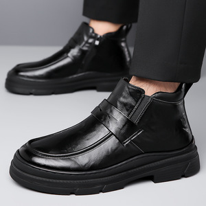 Bottines pour hommes en cuir véritable, à enfiler, talon plat, semelle en caoutchouc, couleur unie, chaussures décontractées chaudes toutes saisons - Product Image 3