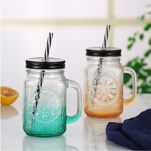 Empty <strong>Lemon</strong> Embossed 16oz Glass Mason <strong>Jar</strong> with Handle for Summer Juice Ice Cream Dessert - Product Image 1