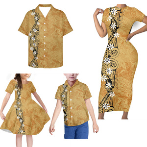 Setelan Keluarga Musim Panas Warna Kuning, Setelan Keluarga Pola Bunga Hibiscus, Pakaian Serasi Keluarga Motif Suku Tradisional Polinesia - Product Image 1