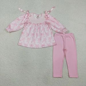 Smocked Flower <b>Bows</b> <b>Pink</b> Girls Set - Product Image 1