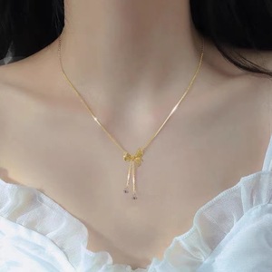 Bow Pendant <b>Titanium</b> Steel <b>Necklace</b> Gold Color Zircon Clavicle Chain For Women Gift Fashion Jewelry - Product Image 2