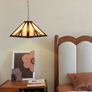 Lampadario a sospensione singolo grande in stile Tiffany Mission con paralume quadrato in vetro colorato, per ristorante giapponese o camera da letto - Product Image 2