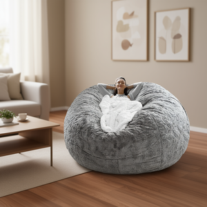 Housse de pouf Db Big Soft Fluffy en velours PV, gris clair, amovible, ronde, contemporaine, une place - Product Image 2