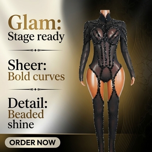 Combinaison Sexy Noire à Jarretelles en Cristal - Tenue Gothique pour Spectacles Scéniques, Danseuses Gogo, Vidéos Musicales, Raves, Festivals et Clubs - Product Image 1