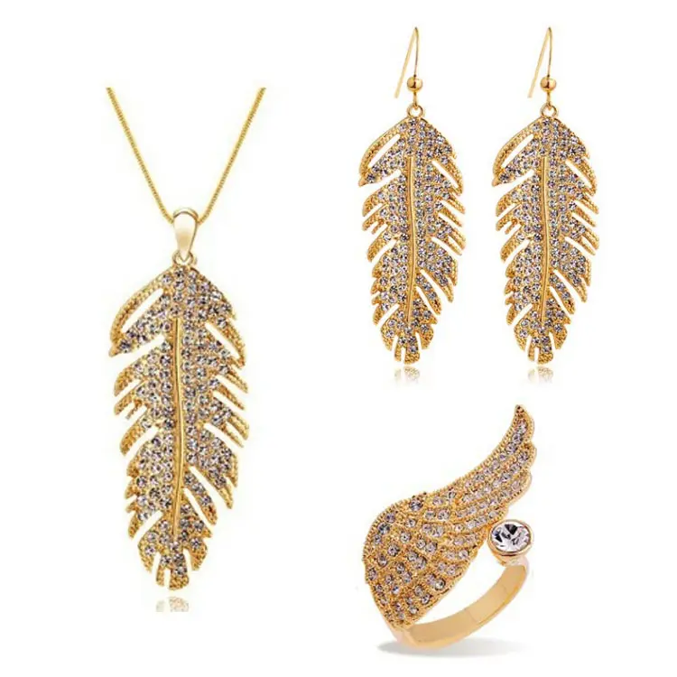 Pendant Necklace Earrings Ring Women Jewellery Set 2021 Gold Silver Fashion Indian Leaves Love Feather 3 Piece Jewelry Sets CMA