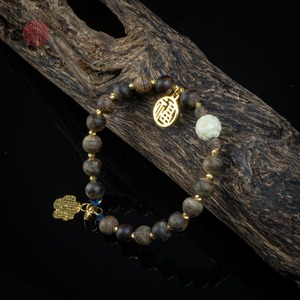 Pulsera de Agarwood de 6mm con Cuentas de Oro Mixto y Piedra Tibetana, Joyería Feng Shui - Product Image 6