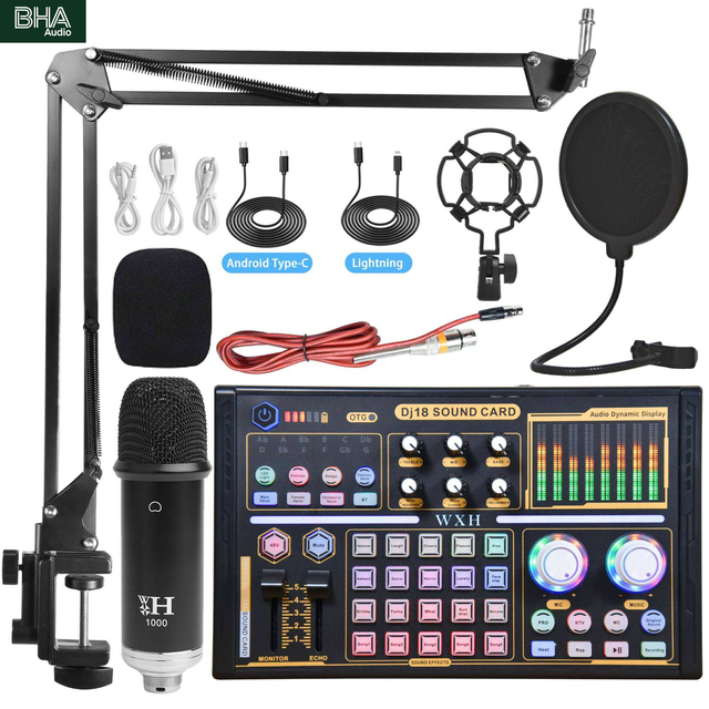 BHA WXH1000+Dj18 Professional  Sound Card Set Mic Recording Studio Condenser Microphone for Karaoke Podcast for Studio Recording