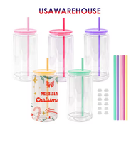 Gobelets en plastique acrylique transparent à double paroi de 16 oz, type boule à neige, avec trous pré-percés, couvercles et pailles colorées, sans BPA, cadeaux d'affaires à thème dessin animé