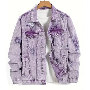 แจ็คเก็ตยีนส์สีม่วงสำหรับผู้ชาย สไตล์ลำลอง ขาดๆ แบบมีรอยขาด ติดกระดุม ปกคลาสสิก มีกระเป๋าหลายช่อง - Product Image 1