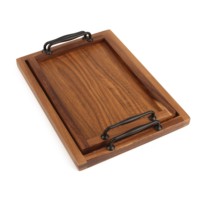 Ensemble de plateaux de service rustiques en bois écologique avec poignées métalliques et motif végétal, 2 plateaux gigognes pour table basse ou ottoman