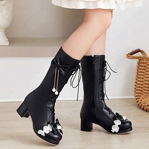 2020 New Arrivals Cosplay Mid-Calf Side Zip Women <b>Boots</b> Fashion Pearl Bowtie Round Toe <b>Boots</b> Shoes Large Size 46 Booties - Product Image 3