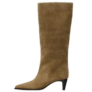 Suede Upper Long Booties Wide Fit Low Heels on Shoes Women's Pointed Toe Solid Knee High <b>Boots</b> - Product Image 3