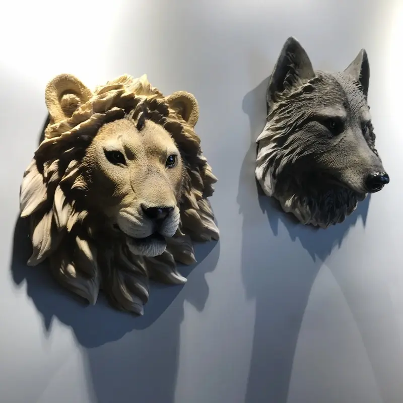 Patung Dinding Gaya Nordic Gantung 3D, Gaya Hewan Singa Beruang Kepala Resin, Dekorasi Rumah Seni Patung Dinding