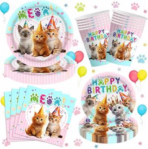 80 pièces de décorations d'anniversaire pour chat, ensemble complet de vaisselle en papier comprenant assiettes, gobelets, serviettes, décorations de fête d'anniversaire sur le thème du chat - Product Image 1