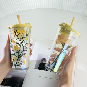 Vaso <span class=keywords><strong>de</strong></span> café <span class=keywords><strong>de</strong></span> gran capacidad con diseño floral simple para niñas, <span class=keywords><strong>de</strong></span> vidrio, para beber directamente, desechable, apto para lavavajillas, <span class=keywords><strong>de</strong></span> alto valor cromático. - Product Image 2