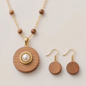 Fatingna, collar con colgante personalizado, conjunto de collar y pendientes OEM de madera, colgante geométrico de perlas de agua dulce chapado en rodio para regalo - Product Image 1