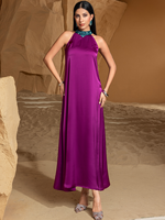 Ensemble Abaya Élégant Deux Pièces en Polyester, Kaftan en Satin avec Cape Extérieure, Manches à Plumes, Robe Intérieure Halter Ornée de Strass, Idéal pour Fêtes et Soirées de l'Aïd