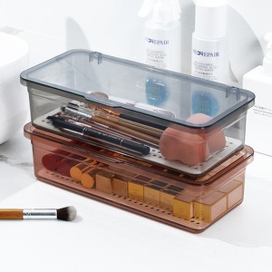 Transparent Rectangle Plastic Storage Box With Lid For Makeup Brushes And Cosmetics Organizing Container Multi Layer Design - Product Image 1
