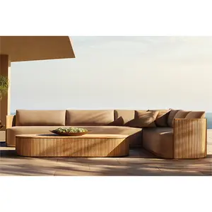Foshan Set furnitur luar ruangan teras penjualan kustom Set taman Sofa berbentuk L bahan kayu jati alami