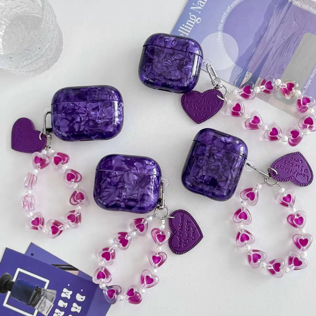 New IMD Purple Shell Pattern for AirPods 1 2 3 4 Earphone Case with Heart Pendant Chain for AirPods Pro 1 2 3 Earbuds Cover