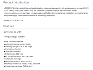 Testeur de résistance d'isolement numérique haute tension UT513B/UT513C 5kV avec plage de mesure de 50,0G-499G +0%~20% de précision - Product Image 5