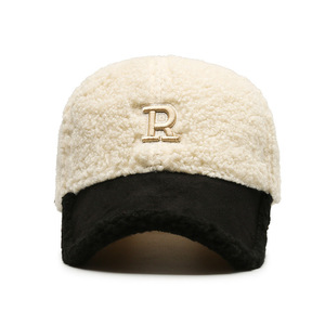 Lamb Wool Baseball Cap With Letter R Fleece Warm Winter Unisex Hat - Product Image 2