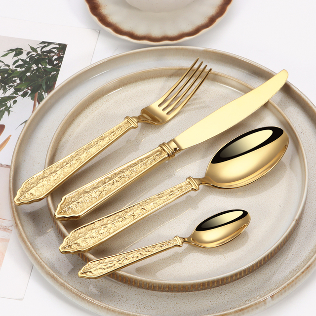 European Vintage 4pcs Gold Glossy Flatware Sets 18/10 Stainless Steel Luxury Handle Cutleries for Restaurant Catering