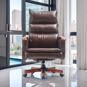 Ergonomic Office <b>Chair</b> Solid Wood Leather Swivel Reclining Boss <b>Chair</b> For Home Office <b>Study</b> Room - Product Image 2
