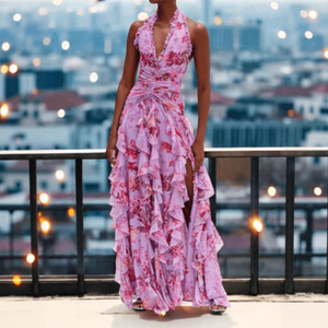 Vestido Largo de Noche con Estampado Floral, Cuello Halter, Cintura Imperio, Falda con Volantes Multicapa, Transpirable, para Mujer - Product Image 2