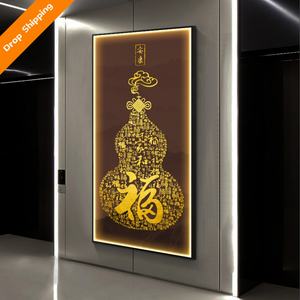 Pintura Artística China Minimalista Moderna con Mensaje de Bendición, Decoración de Porcelana de Cristal para Sala de Estar o Recibidor, con Iluminación LED de Fondo - Product Image 1