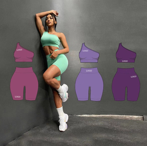 Tenues de sport pour femmes respirantes à maintien élevé 2 pièces pour la salle de sport et le fitness 2023, ensembles de soutien-gorge de sport et shorts à une épaule pour le yoga chaud - Product Image 1