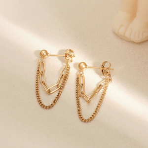 Boucles d'oreilles pendantes modernes en acier inoxydable plaqué or 18 carats à double chaîne, clous d'oreilles délicats anti-ternissement pour femmes - Product Image 2