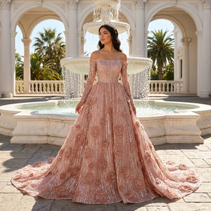 251147 Vestido de Fiesta Formal Elegante con Cuello Barco, Color Marrón, con Lentejuelas y Flores 3D, Corte en A - Product Image 1