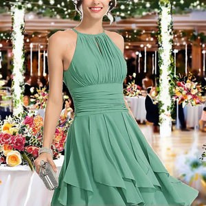 Robes de demoiselle d'honneur en mousseline de soie bleu ciel avec appliques en dentelle, décontractées, grande taille, pour soirée, longueur genou, MBS1 - Product Image 2