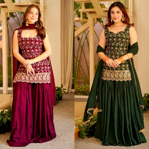 Ensemble TOP PLAZZO avec DUPATTA longue en GEORGETTE, broderie et travail de sequins, pour femmes indiennes et pakistanaises, séchage rapide, style moderne - Product Image 2