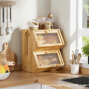 Boîte à pain en bambou à double couche, trapézoïdale, transparente, anti-poussière, rangement de cuisine pour pain, pâtisserie, fruits, desserts - Product Image 4