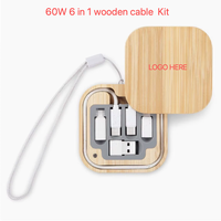 Kabel Pengisi Daya Multi 6-in-1 Ramah Lingkungan dari Bambu, Universal 6 Port, Pengisian Cepat, Sinkronisasi Data, Kit Pengisi Daya Perjalanan dengan Tali Gantungan