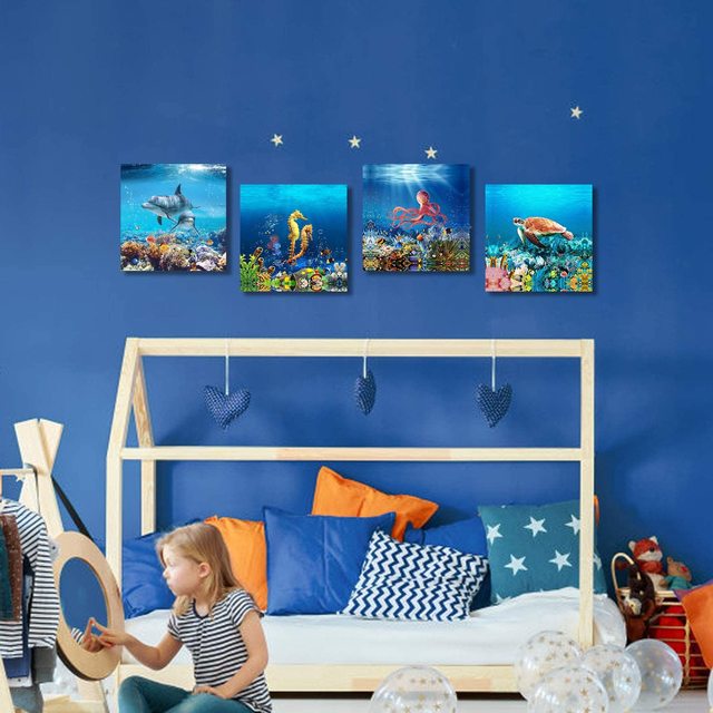 Colorful Underwater World Canvas Wall Art Painting Sea Turtles Dolphin Seahorse Octopus Coral Ocean Theme Wall Art