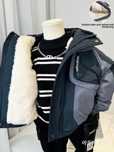 Veste en coton doublée polaire pour garçons, nouveau modèle hiver 2026, vêtements de travail élégants pour enfants, manteau à capuche épaissi, manteau chaud en coton - Product Image 1