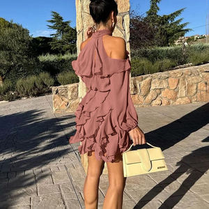 Robe courte en mousseline de soie à volants, col halter, épaules dénudées, T-1223, robes décontractées d'été pour femmes - Product Image 3