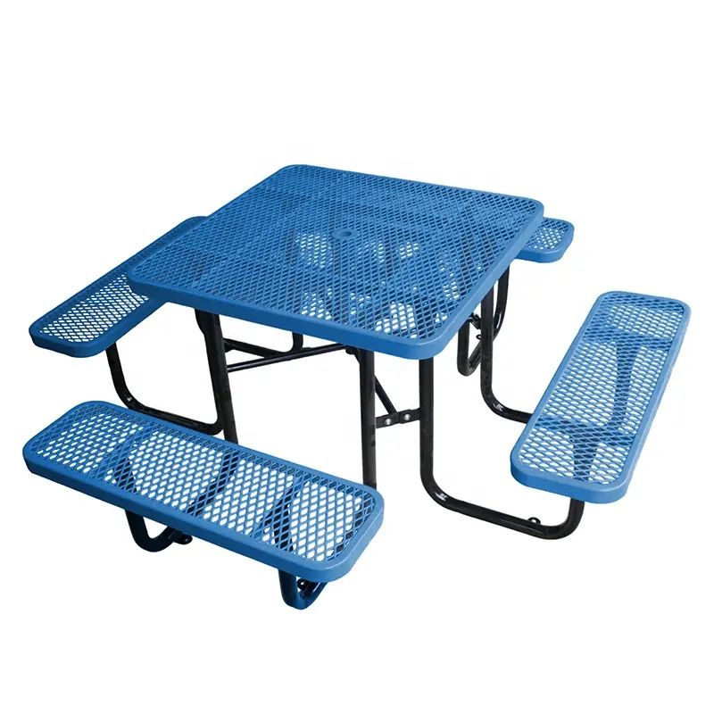 Outdoor Furniture Expanded Metal 6ft 8ft Long Commercial Picnic Table With Bench Restaurant Outside Steel Dining Table Chair
