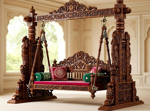 Compre un columpio indio Maharaja Peacock tallado en madera de teca, duradero, para interiores del hogar, Jhula Oonjal Royal Darbar, juego de columpios de madera de teca tallados a mano. - Product Image 3